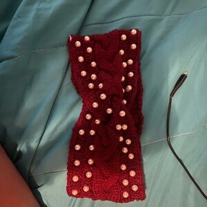 Elegant Burgundy Knit Headband with Pearls